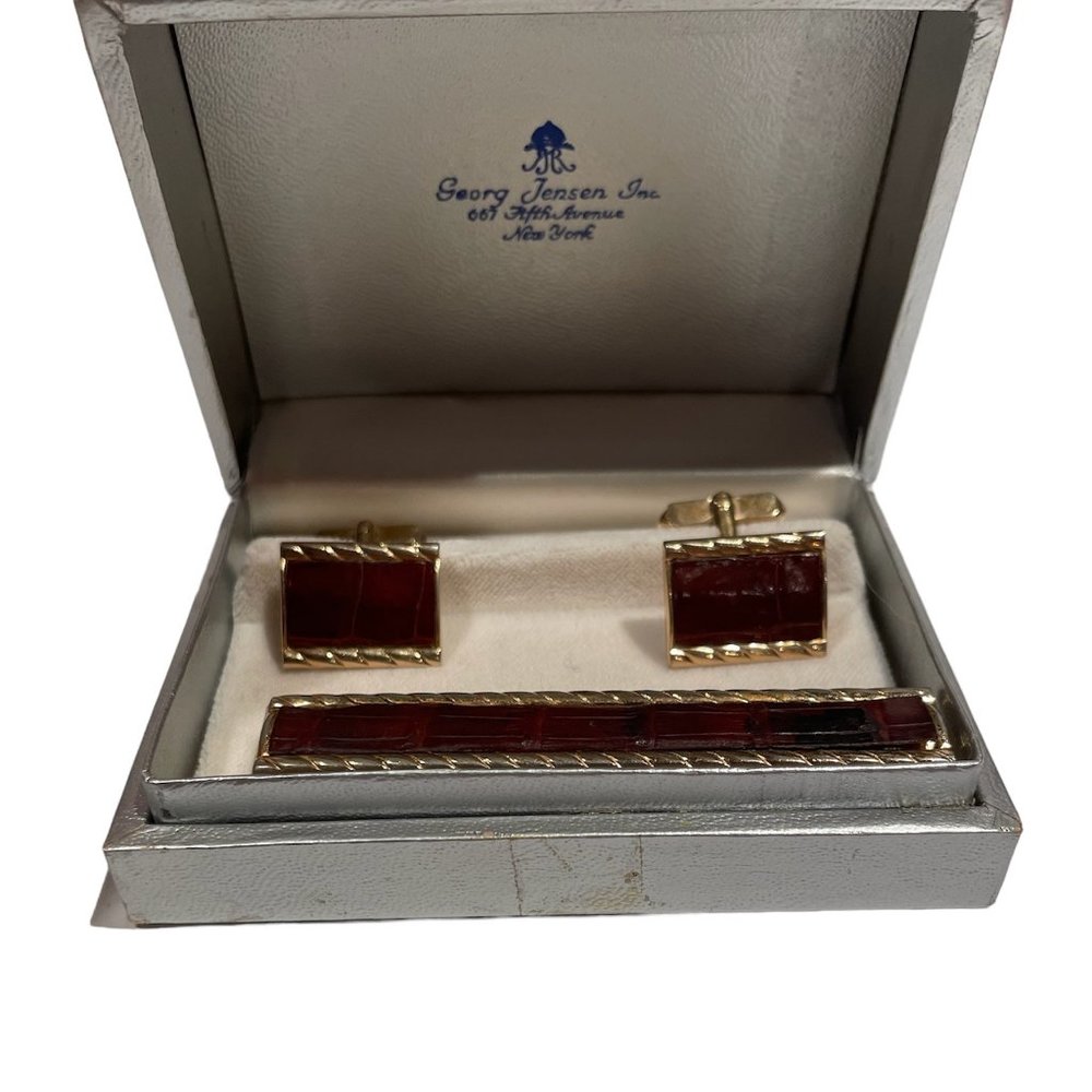 Vintage Swank Cufflinks and Tie Tack Set, Faux Leather